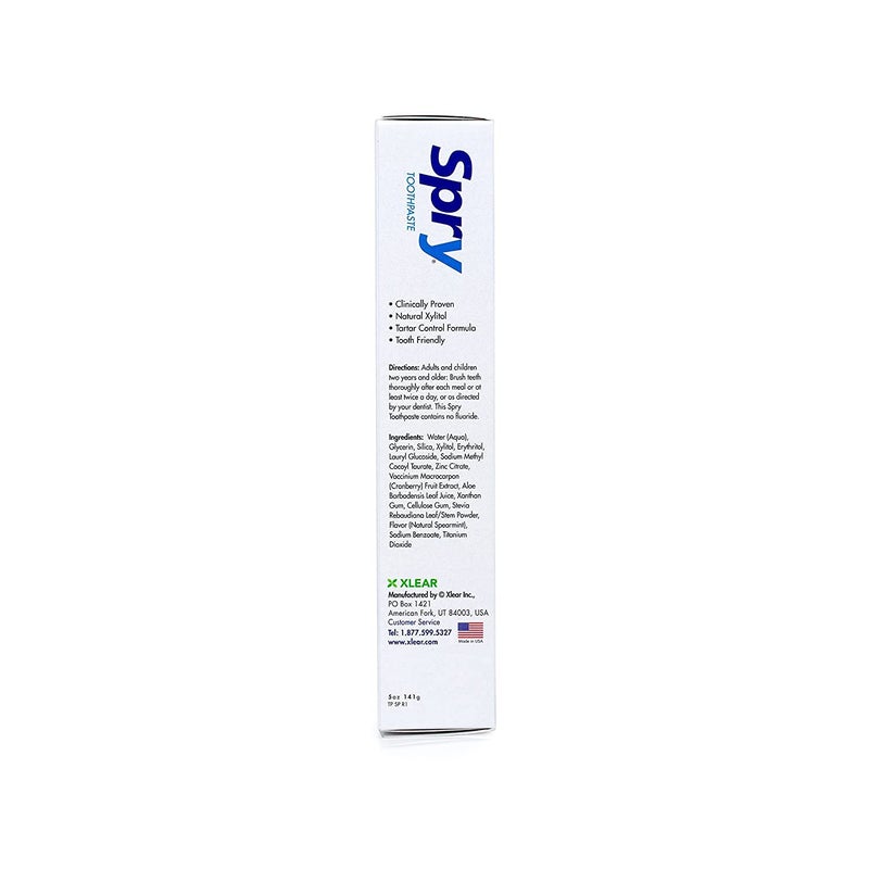 Spry Natural Xylitol Toothpaste 5oz for Adults and Kids - Fluoride Free, Gentle for Sensitive Teeth Whitening and Remineralizing, Breath Freshening, Mouth Moisturizing, Spearmint (Pack of 2) - Image 3